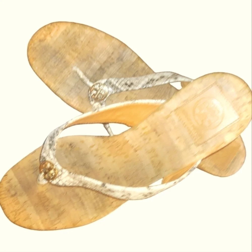 Tory Burch Suzy Cork Tan Brown Snakeskin Print Leather Wedge Thong Sandals 10.5M
